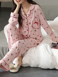 2024 New Spring/Autumn/Winter Long Sleeve & Pants Two-Piece Pajama Set For Women, V-Neck Cardigan, Allover Print With Cherries & Bows, Cartoon Cute Design, Fashionable And Warm, Can Be Worn Outdoors, Matching Homewear Set Pink       Slight Stretch All Women Sleep & Lounge, size features are:Bust: ,Length: ,Sleeve Length: 2 Piece Pajama Set Women, Áo Len Cardigan, Winter Pajamas Women, Cartoon Cute, Inspiration Mode, V Neck Cardigan, Pajama Set Women, Cute Design, Set For Women