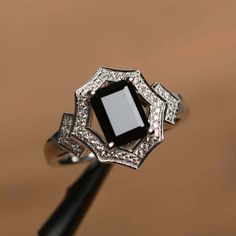 Goth Wedding Rings, Spinel Rings, Black Stone Engagement Ring, Black Diamond Engagement Ring Halo, Onyx Wedding Ring, Spinel Engagement Ring, Black Gemstone Ring, Wedding Rings Emerald Cut, Elegant Rings