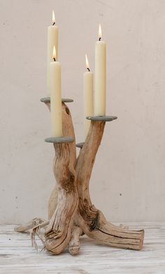 three candles are placed on the base of a driftwood tree