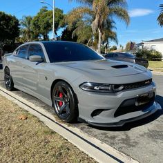 a grey dodge charger parked on the side of a road next to palm trees