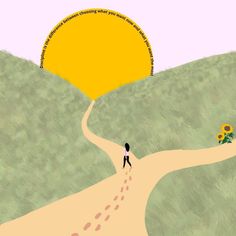 a person walking down a road with a sun on top of the hill behind them