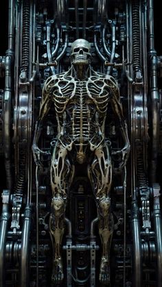 an image of a man made out of metal pipes and skeleton parts on black background