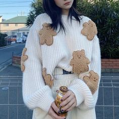 Cute And Cozy Bear Sweater Loose Fit Style For The Look! Kawaii Bear Shirt, Bear Print Sweater, Cute Knited Sweaters, Cute Sweaters Brown, Brown And White Knitted Sweater, Knitted Sweater For Teddy Bear, Winter Cute Sweater, Bunny Sweater Crochet, Boba Tea Sweater