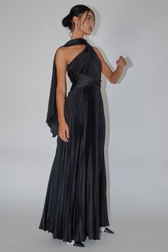 Laxmi Accordion Pleat Maxi Dress Black by Selfie Leslie Black Black Tie Dress, Black Pleated Maxi Dress, Summer Black Tie Wedding Guest Dress, Dress For Winter Wedding, Black Tie Bridesmaid Dresses, Black Tie Event Dress, Black Wedding Guest Dress, Black Satin Maxi Dress, Wedding Guest Black Tie