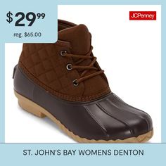 Outfit your outdoor adventures in cooler weather with St. John's Bay women's Denton classic duck boot. These lace-up rain boots provide a generous amount of protection thanks to the water-resistant rubber outsole, complete with the brand's embossed logo at the back. Not to be intended to be worn as a snow boot and not designed to be submerged in water.Upper portion of the shoe is not waterproof.Waterproof on the rubber duck shell and not above the seam.Not designed to be submerged in water.Clos… Heel Rain Boots, Heeled Rain Boots, Duck Boot, Snow Boot, Duck Boots, Boots Brown, Cooler Weather, Rubber Duck, Embossed Logo