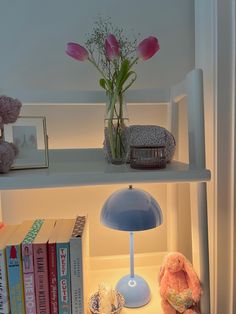 a shelf filled with books and a lamp next to a stuffed animal on top of it