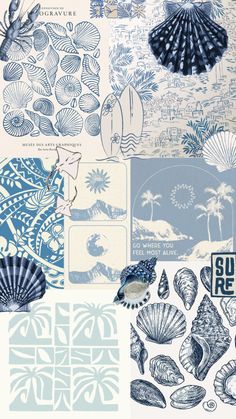 an assortment of blue and white wallpaper with seashells, palm trees, and shells