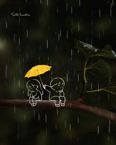 two people sitting under an umbrella on a tree branch in the rain, with one holding another's hand