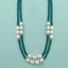 Ross-Simons - 100.00ct t. w. Emerald Bead, 7-8mm Cultured Pearl Two-Strand Necklace, 14kt Yellow Gold. 18". Rich, faceted rondelles join with 7-8mm cultured freshwater pearls in this beaded double strand. The necklace stations oval pearls with 100.00 ct. t. w. emerald beads and finishes with 14kt yellow gold spacers and a filigree fishhook clasp. White pearl and emerald bead necklace. Emerald birthstones are the perfect gift for May birthdays. Pearl Necklace Designs, Beaded Necklace Designs, Beaded Necklace Diy, Emerald Bead, Yellow Gold Jewelry, Beaded Drop Earrings, Jewelry Design Necklace, Ethereal Beauty, Fine Jewellery Necklace