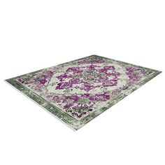 a purple and white rug with an ornate design on the bottom, in front of a white background