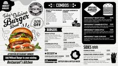 Burger Menu Boards Templates Burger Restaurant Menu Design, Burger Menu Ideas, Burger Menu Design, Burger Bros, Burger Names, Mexican Burger, Menu Burger