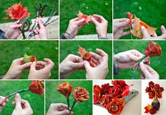 the process of making an origami rose with scissors and paper flowers in it