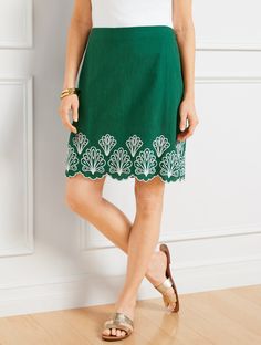 The wear-everywhere A-line skirt detailed with beautiful embroidery and a feminine scallop hem. Airy linen fabric brings sunny-day ease. Features A-Line Hits Above Knee Exposed side zip closure Scallop Hem Lined Imported Fit: Misses: 20"; Petite: 19"; Plus: 21"; Plus Petite: 20 1/2" Material: 60% Linen, 40% Cotton; Lining: 100% Cotton Care: Machine Wash Warm; Only Non-Chlorine Bleach When Needed; Tumble Dry Low; Cool Iron, If Needed | Embroidered Linen Cotton Skirt Talbots Embroidery Skirt, Border Embroidery, Scallop Hem, Embroidered Linen, Cotton Skirt, Scalloped Hem, Beautiful Embroidery, Sewing Inspiration, Above Knee