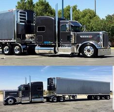 two pictures of semi trucks parked in a parking lot