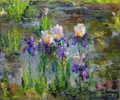 an oil painting of purple and white flowers in a pond with lily pads on the water