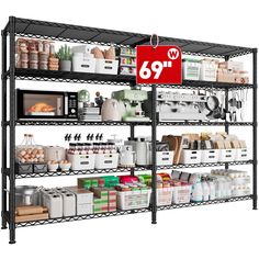 an industrial shelving unit with shelves and bins for various items, including coffee cups, milk bottles, eggs, bread, and more