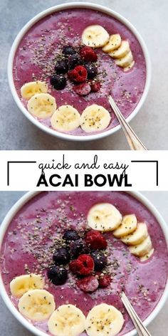 two bowls filled with smoothie topped with banana slices and raspberries next to each other