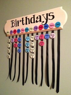 a birthday sign hanging from the side of a wall with lots of pins on it