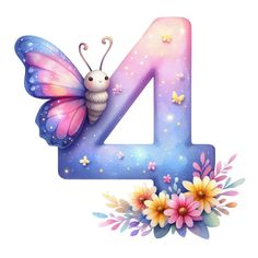 the number four with a butterfly and flowers on it's side is decorated in pastel colors