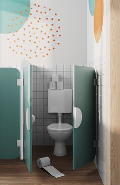 a bathroom with two stalls and a toilet