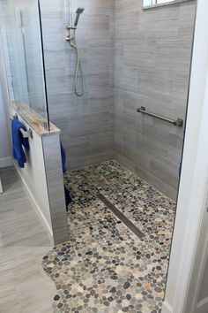 a walk in shower sitting inside of a bathroom