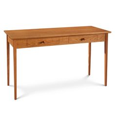 a wooden desk with two drawers on one side and an open drawer on the other