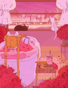 there is a cat in the bathtub surrounded by roses