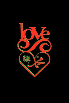 the word love is written in red and green on a black background