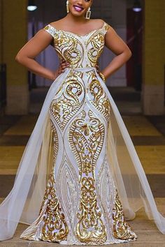 Xpluswear Plus Size Formal Formal Wedding Royal Appliques Sequin Off The Shoulder Tulle Mermaid Sweep Maxi Dress Wedding Royal, Plus Wedding Dresses, Maxi Dress Plus Size, Dinner Dress Classy, African Wedding Dress, Plus Size Formal, Dream Wedding Ideas Dresses, Sequin Maxi, Sequin Maxi Dress