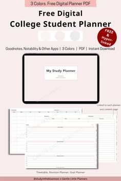 the college student planner for students with free digital printables and instructions to help them learn Free Student Planner Templates, Free Student Digital Planner, College Digital Planner, Goodnotes College Planner, College Planner Template, Academic Planner Printables Free, Goodnotes Template Free Student, Goodnotes Student Planner Free, Free Academic Planner