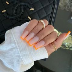 White Orange Nails, Orange Acrylic Nails Coffin, Orange Acrylic Nails Designs, White And Orange Nails, Orange And White Nails, Orange Acrylic Nails, Vibrant Nails, Short Square Acrylic Nails, Long Acrylic Nails Coffin