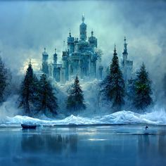 a castle in the middle of a forest with snow on the ground and trees around it