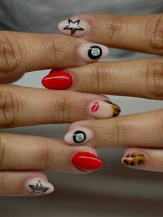 Nails Black With Design, Cool Girl Nail Designs, Tilly Joan Nails, Weird Nails Funny, Red Hoco Nails Almond, Ugliest Nails Ever, Nyc Aesthetic Nails, Nail Ideas For Nashville, Cool Nails Almond