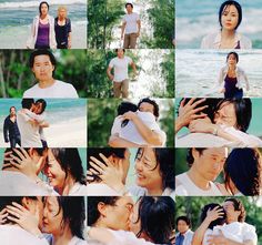 many different pictures of people hugging each other on the beach and in front of the ocean