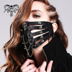 Black Metallic Skull Hollow Out Punk Mask For Women And Men Female Spy Mask, Chained Face Mask, Womens Halloween Masks, Halloween Mask For Women, Mouth Mask Halloween, Metal Mask Warriors, Steampunk Accessories Mask, Face Mask With Chain, Hot Topic Masks