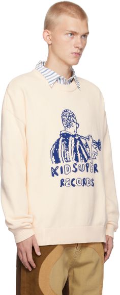 Knit cotton-blend sweater. · Rib-knit crewneck, hem, and cuffs · Intarsia graphic, logo, and text at front · Dropped shoulders Supplier color: Cream Graphic Knit Sweater, Corduroy Blazer, Fleece Sweatpants, Satin Jackets, Graphic Logo, Satin Shirt, Logo Pattern, Knit Crewneck, Polyester Satin