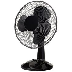 a black table fan on a white background