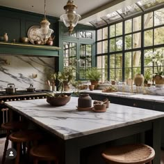 a kitchen with green cabinets and marble counter tops, surrounded by potted plants on the island