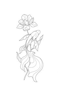 a drawing of a koi fish with flowers in it's mouth and its tail