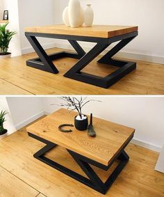 two different views of a coffee table with vases on top and one in the middle