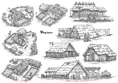 hand drawn village houses and farm buildings in different stages of construction, sketched on white paper