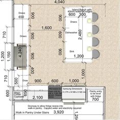 the floor plan for a kitchen with an island