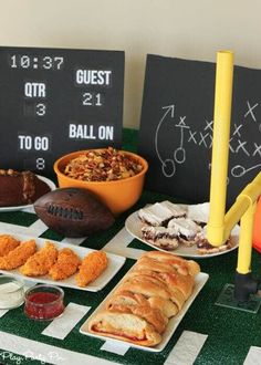 a football themed party with food and snacks