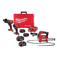 the milwaukee power tools package includes two drillers, one cordless and three other tools