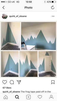 the walls in this room are painted blue and white with mountains on them, as well as