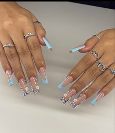 Unique Acrylic Nail Designs, Acrylic Nail Art Designs, Acrylic Nail Designs Classy, Sky Blue Nails, Nail Beds, Tapered Square Nails, Baby Blue Nails, Hard Nails