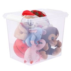 a plastic container filled with lots of stuffed animals and toys on top of each other