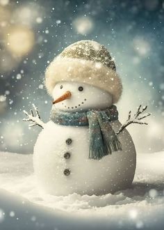 a snowman wearing a hat and scarf in the snow with falling snowflakes