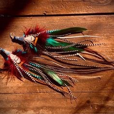 two feathers are laying on top of each other and one is red, green, and blue