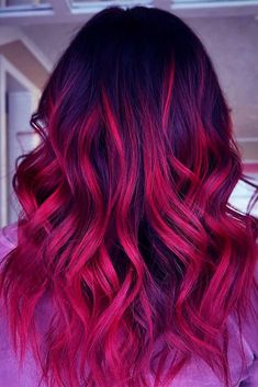 Red Hair With Purple Underneath, Fuschia Balayage, Red And Blue Hair Ombre, Red And Purple Hair Color Ideas, Red And Purple Hair Color, Red Hair With Purple Highlights, Red And Violet Hair, Purplish Red Hair